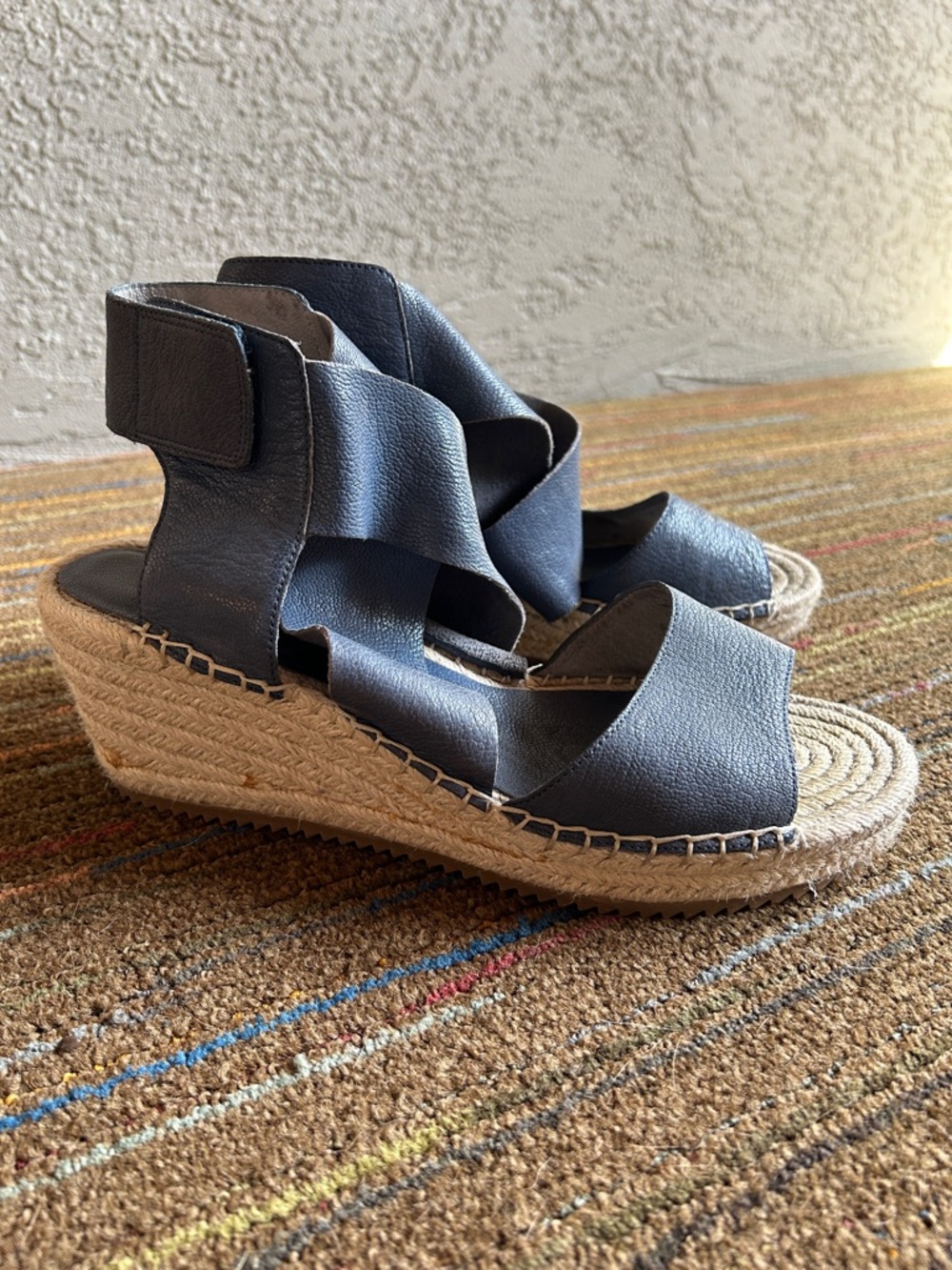 Eileen Fisher Blue-Grey Espadrille Wedge Sandals with Ankle Strap